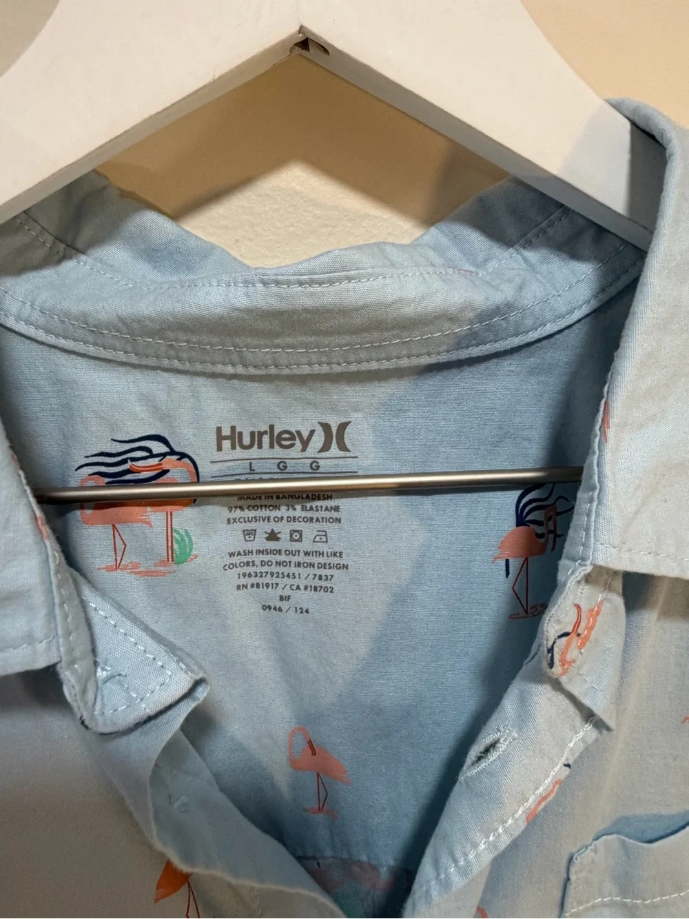 Hurley boys Light Blue Short Sleeve Button-Up Shirt with Orange Flamingo Print